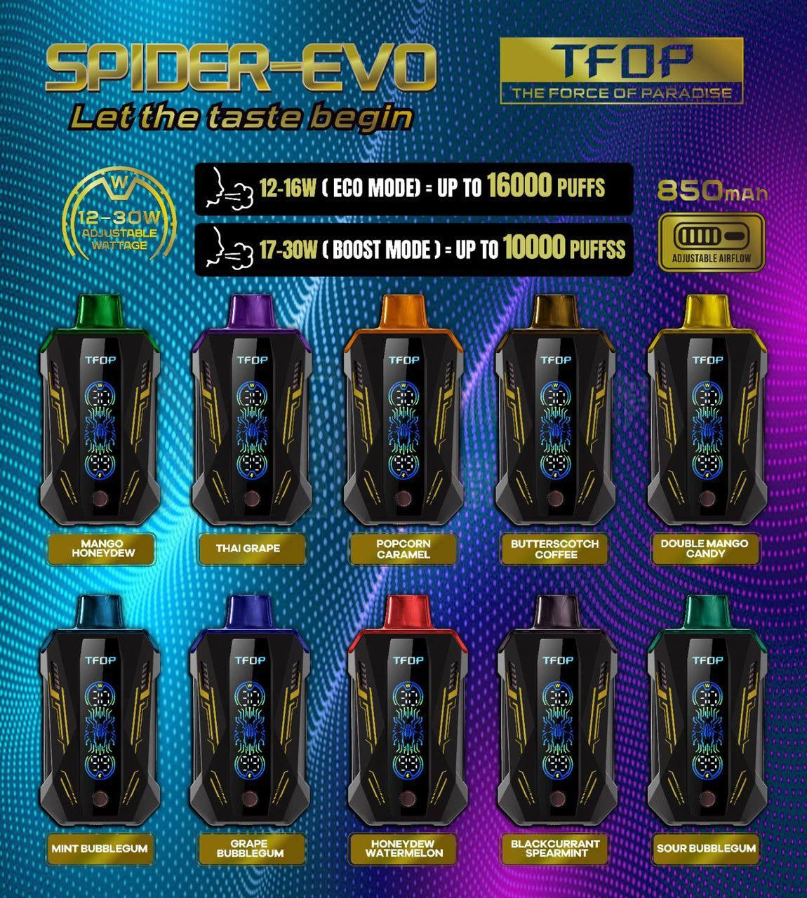 TFOP SPIDER EVO 16000 RECHARGEABLE DISPOSABLE